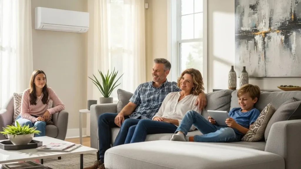 Happy family relaxing comfortably on couch in an energy efficiency modern living room with ductless mini split air conditioning unit mounted on wall