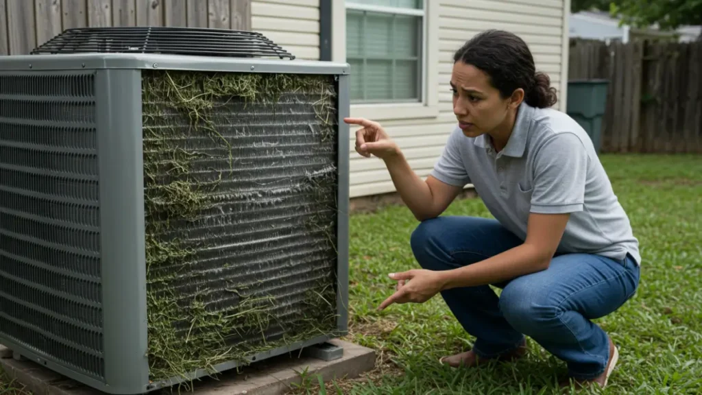 Service technician pointing at outdoor air conditioning condenser unit with grass clippings and debris blocking  coils to show why ac not cooling