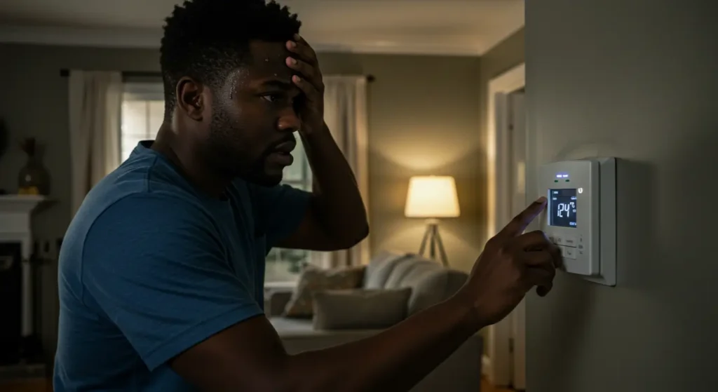 Frustrated homeowner adjusting thermostat showing 124 degrees while AC runs but fails to cool New Orleans home properly