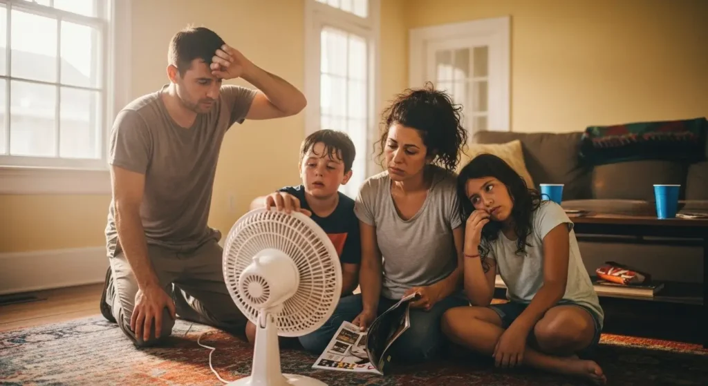 Family struggling with broken AC not cooling needs in New Orleans home using portable fan for cooling