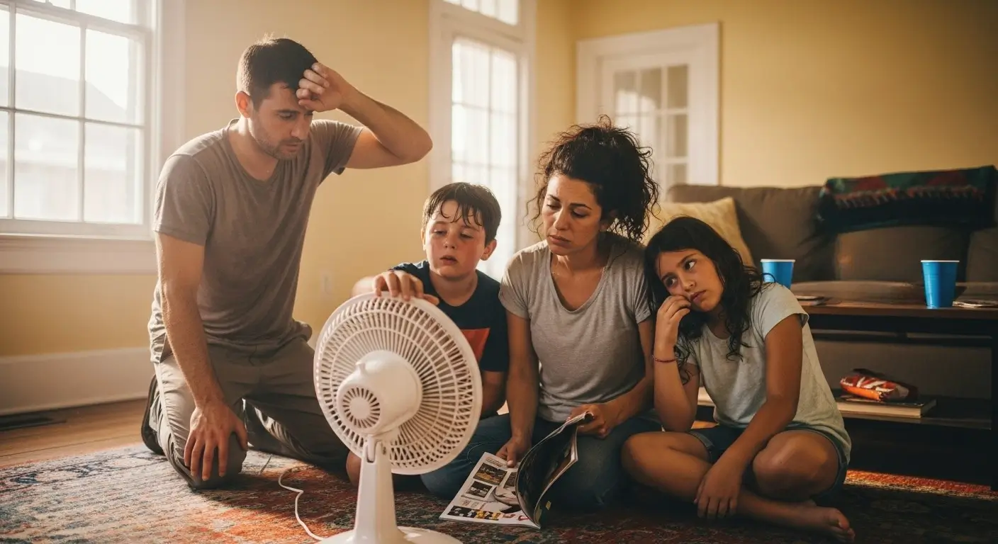 Family struggling with broken AC not cooling needs in New Orleans home using portable fan for cooling