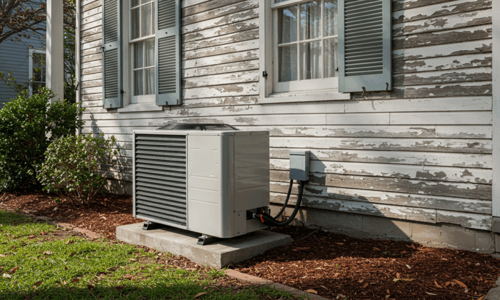A ground-level view of a modern air conditioning unit on a concrete pad next to a weathered, white-painted wooden house. The house has peeling paint and two windows with blue-green shutters.