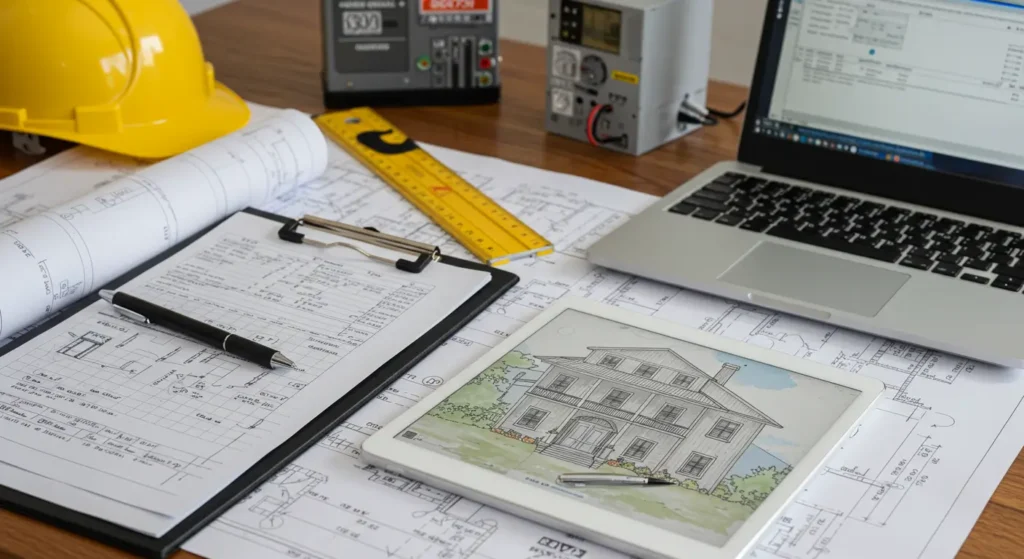 A high-angle shot of a person working on HVAC calculations for a home installation. The person is sitting at a wooden desk with architectural blueprints and a tablet displaying a house drawing. Other items on the desk include a hard hat, a clipboard with a pen and paper, a yellow ruler, and a laptop.