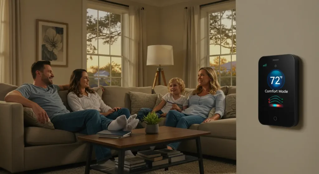 Happy family of four relaxing comfortably on living room sofa with smart thermostat displaying 72°F in Comfort Mode on wall, golden hour lighting through windows creating warm atmosphere in modern home