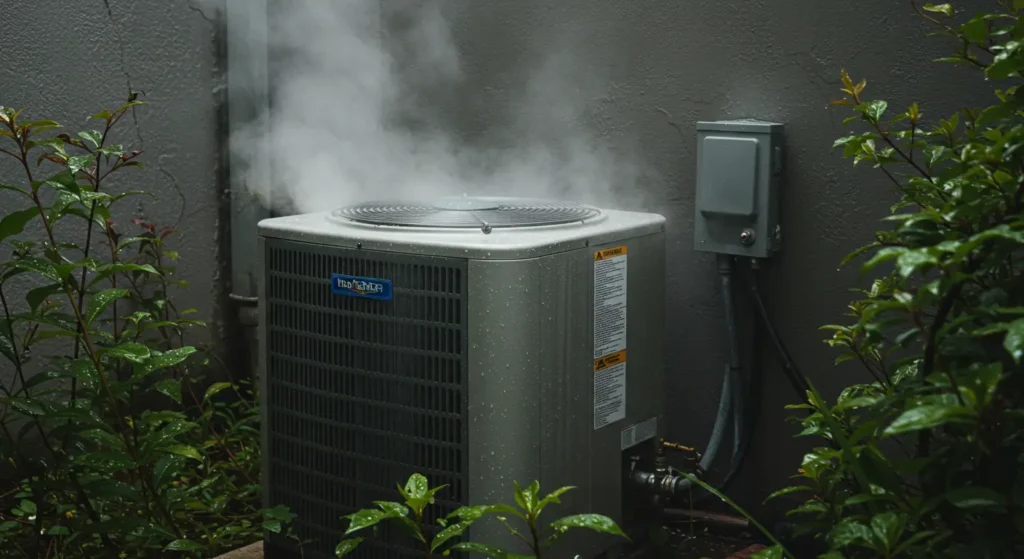 Residential HVAC condenser unit with visible heat steam rising from top showing system working hard, water droplets on surrounding plants indicating humidity, lush green vegetation