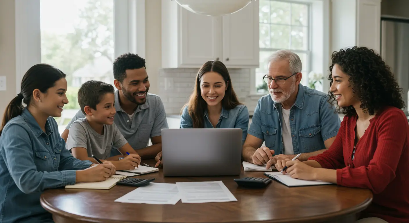 Multi-generational family gathered around kitchen table reviewing HVAC service quotes on laptop computer with calculators and paperwork visible, bright natural lighting from windows