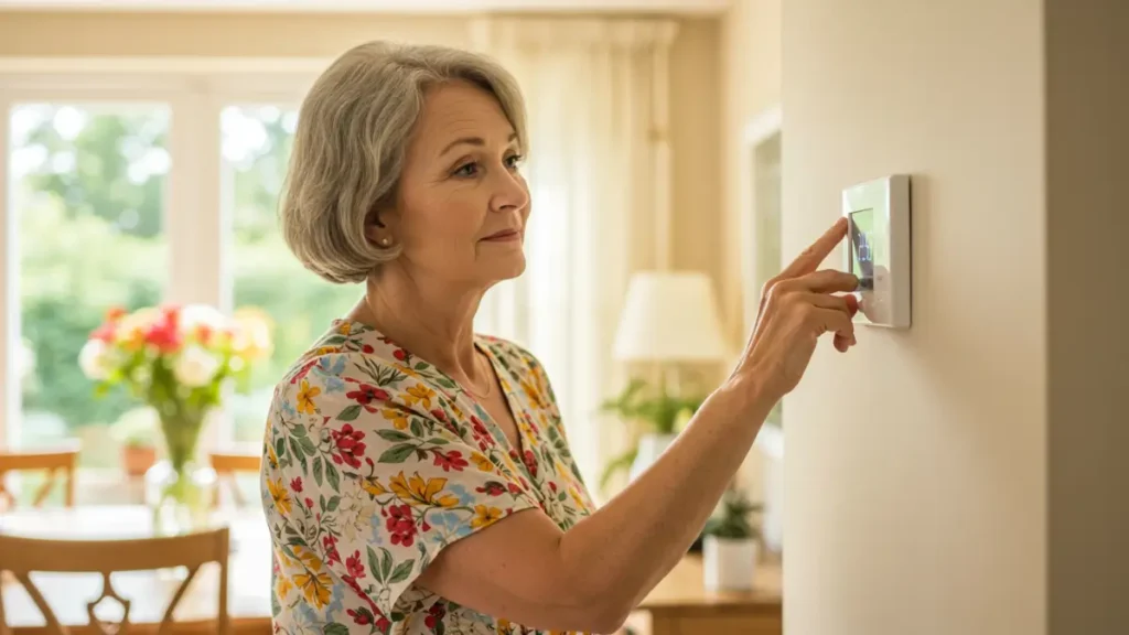 Senior woman adjusting digital thermostat when air conditioner won't turn on in comfortable home setting