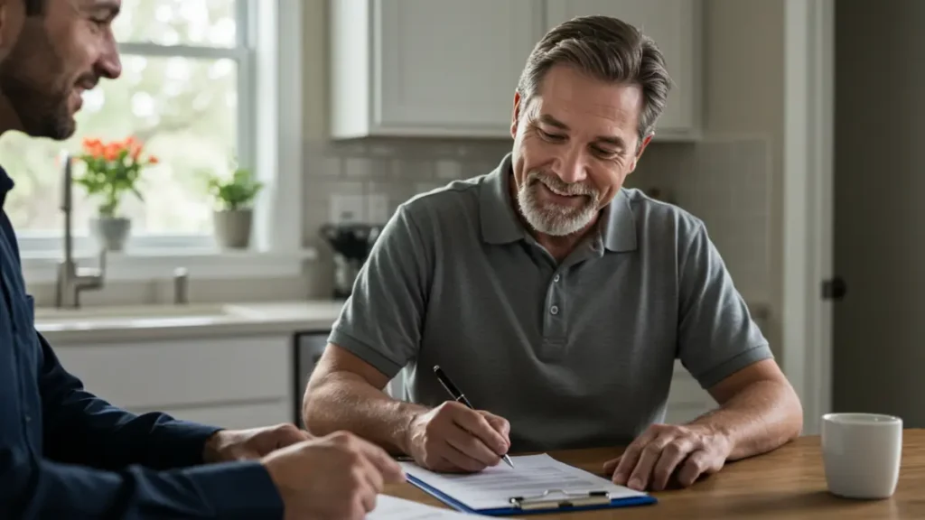 Smiling homeowner at kitchen table signing HVAC repair agreement with Hagerman Services after searching ac repair near me