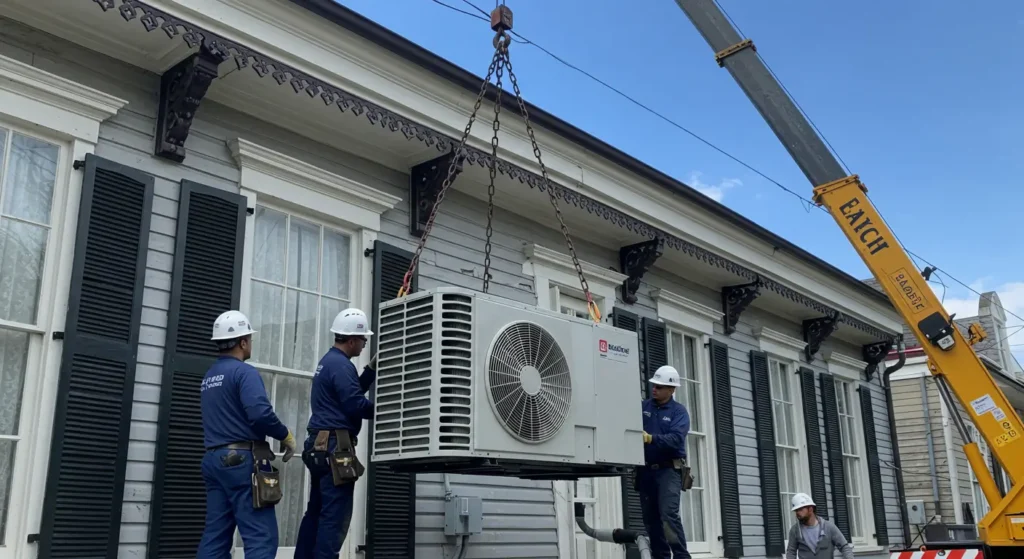 Professional HVAC installation crew using crane to install new air conditioning unit on traditional New Orleans shotgun house with decorative brackets and shutters, clear blue sky