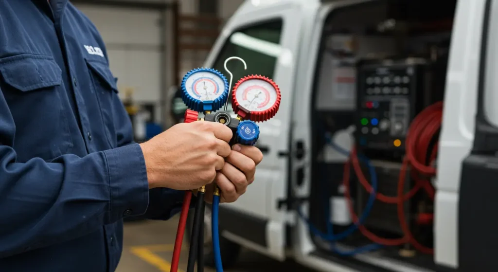 HVAC technician in navy blue uniform holding professional refrigerant manifold gauges with red and blue pressure meters, service van and equipment visible in background