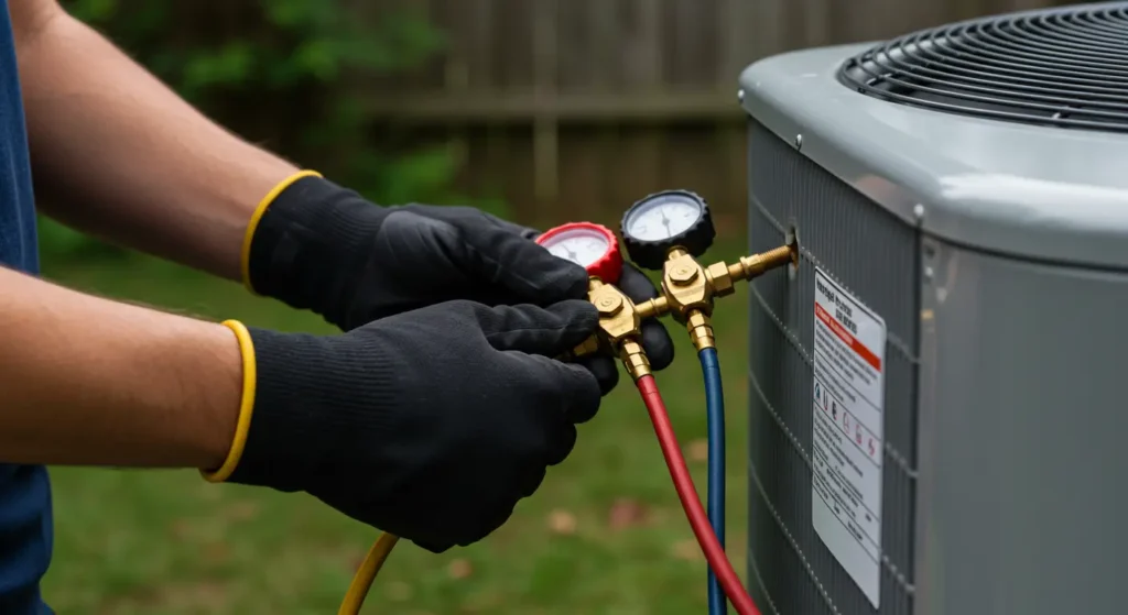 A close-up shot of a person's hands in black work gloves, performing a pressure test on an outdoor HVAC unit. The hands are holding a manifold gauge set with red and yellow hoses connected to the unit. The background shows a green lawn and a small part of the gray metal air conditioner unit testing after installation.