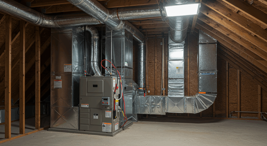 A large, complex HVAC system with silver ductwork is installed in a partially finished attic space. The wooden trusses of the roof are visible, and the floor is clean.
