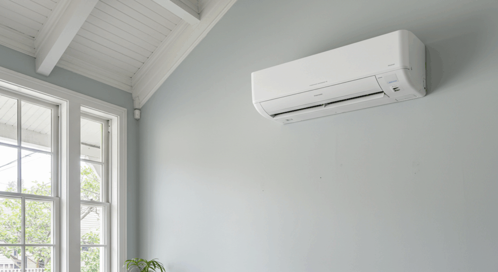 A white, ductless mini-split air conditioning unit is mounted on a light blue wall in a room with a window and a white vaulted ceiling.