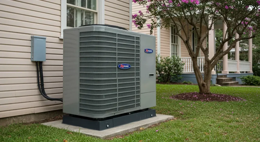 A white and gray new HVAC installation sits on a concrete pad next to the exterior of a house. The house has white, peeling paint and weathered wooden shutters. The area around the unit is covered in brown mulch, and there is a small green bush to the left.