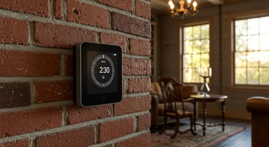 Smart thermostat installation on exposed brick wall in historic New Orleans home, blending modern HVAC technology with preserved architectural features, showing digital display with schedule timer in traditional dining room setting