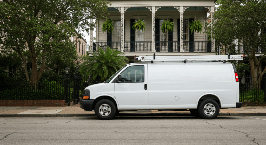 A white commercial van with a ladder rack parked on a city street next to a sidewalk and a large, multi-story house with a balcony and ornate railing.