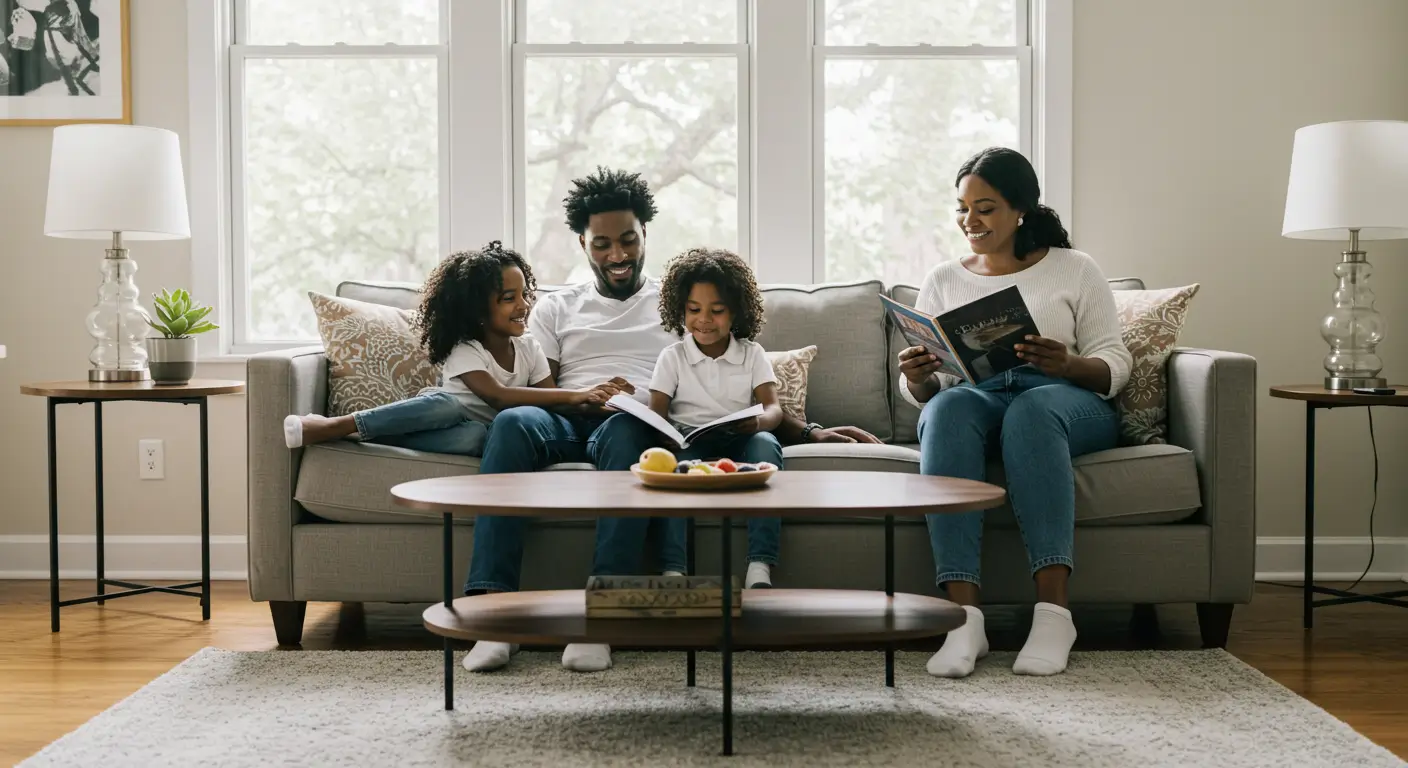 happy air quality solutions customer: family of four relaxing together on gray couch in bright, airy living room with clear windows, parents and two children reading together in comfortable home environment