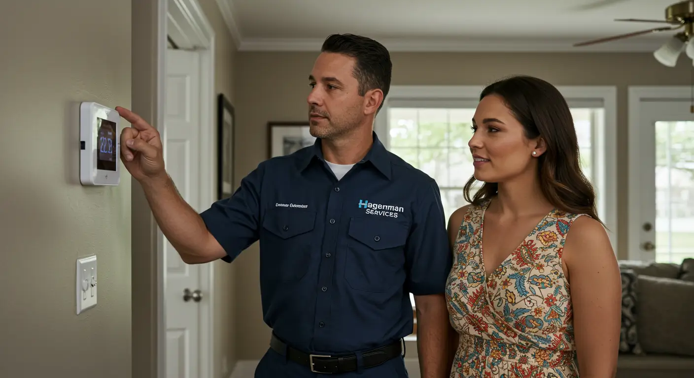 Hagerman Services HVAC technician in navy blue uniform explaining smart thermostat features to female homeowner, pointing at wall-mounted white smart control panel in modern home interior