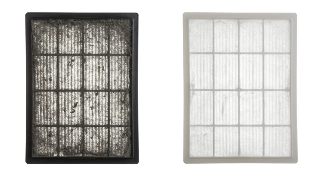 Before and after comparison of HVAC air filters showing heavily clogged black filter on left filled with dust and debris next to clean white filter on right against white background