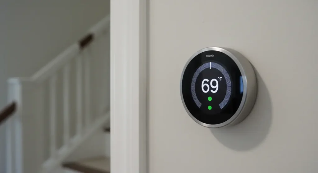 Modern Nest smart thermostat mounted on white wall displaying 69 degrees Fahrenheit with home mode active, showing sleek silver design with black circular display and green indicator lights