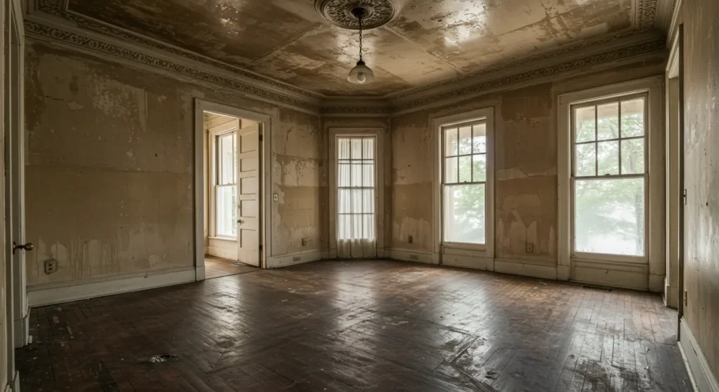 Historic New Orleans home interior showing deteriorating Victorian room with water-damaged ceiling, peeling paint on walls, warped wooden floors, and multiple windows showing signs of moisture damage