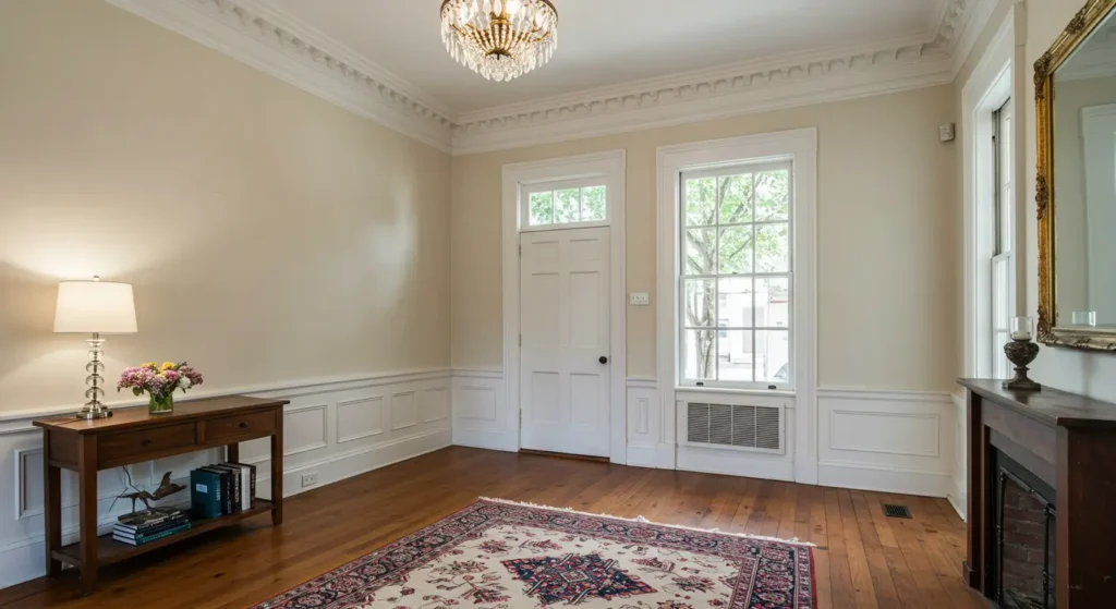 Beautiful New Orleans historic home interior showing high ceilings, crown molding, and built-in HVAC ventilation system