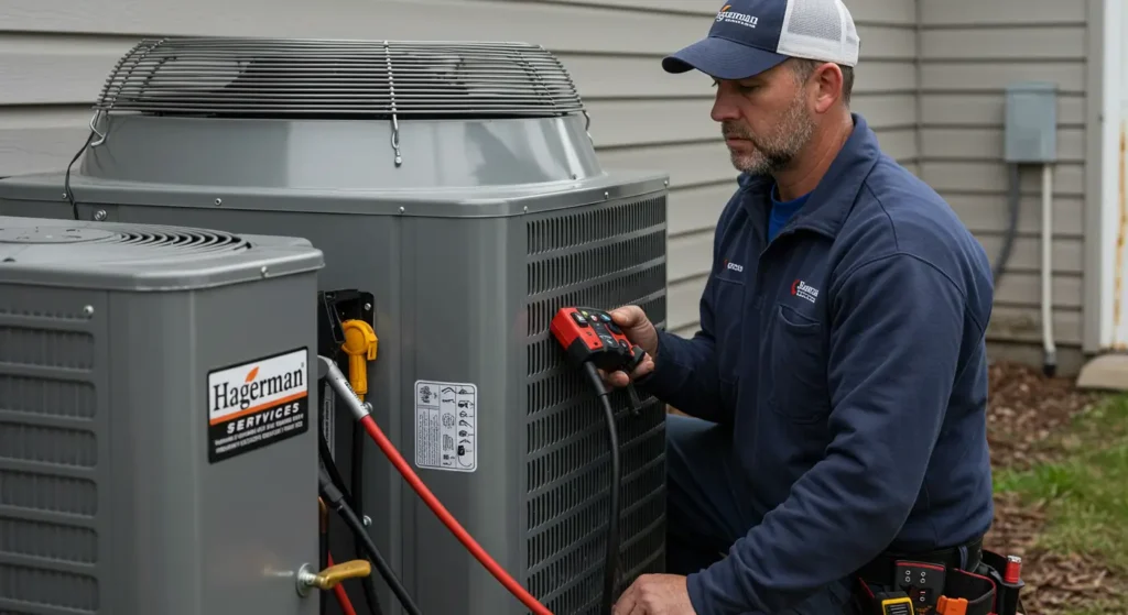 Hagerman Services HVAC technician servicing outdoor air conditioning unit with diagnostic tools