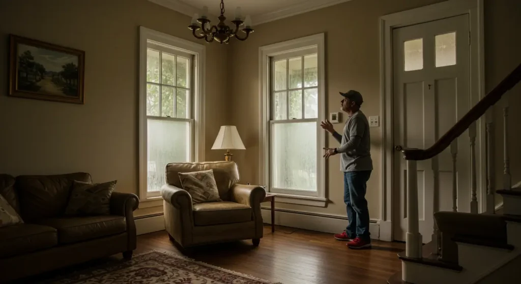 Homeowner in New Orleans historic house dealing with humidity and condensation on windows in traditional living room