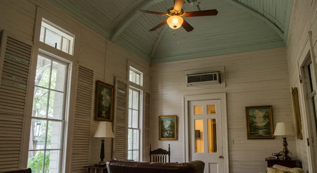 Historic New Orleans home interior showing high ceilings with ductless mini-split AC unit installed