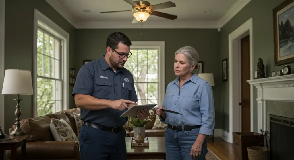 Professional HVAC technician consulting with homeowner using tablet to discuss system options in New Orleans home