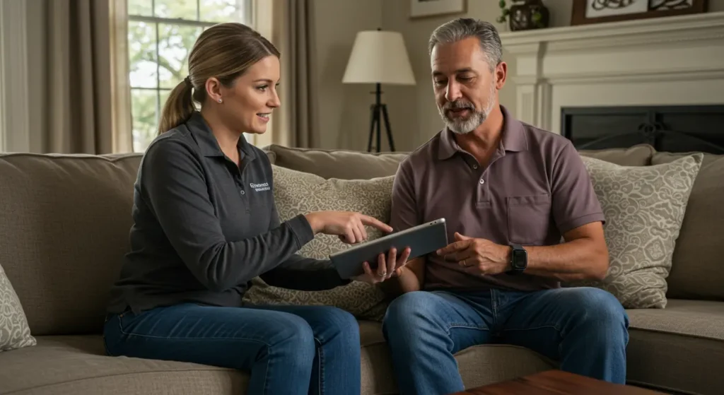 HVAC technician consulting with New Orleans homeowner about system options on tablet in living room