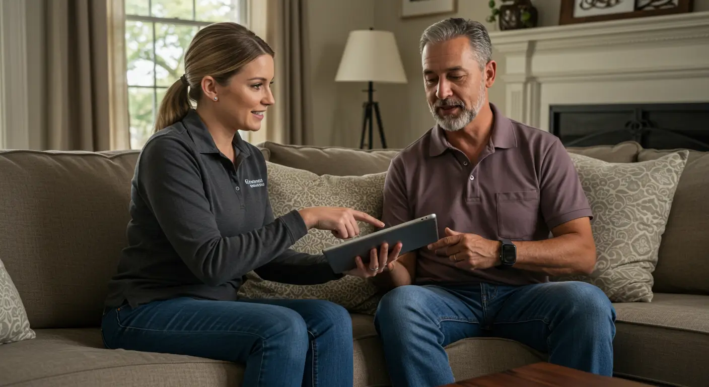 HVAC technician consulting with New Orleans homeowner about system options on tablet in living room