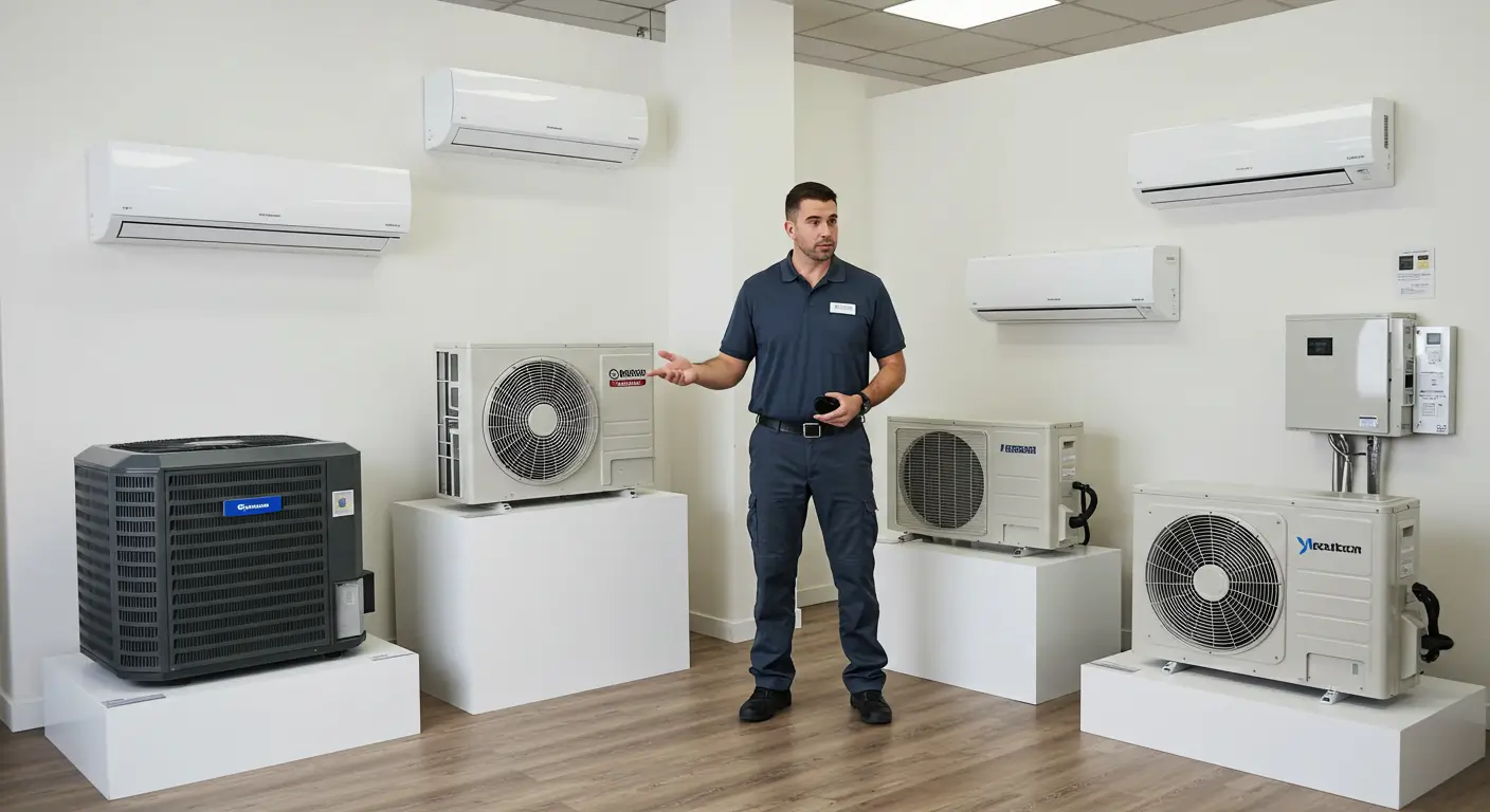 Professional HVAC technician in showroom displaying different air conditioning systems including central AC units and ductless mini-splits