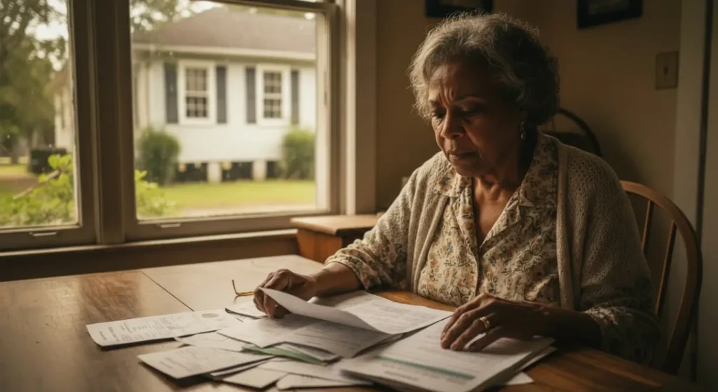 Louisiana senior citizen reviewing LIHEAP crisis assistance application documents and utility bills for broken AC repair financial help