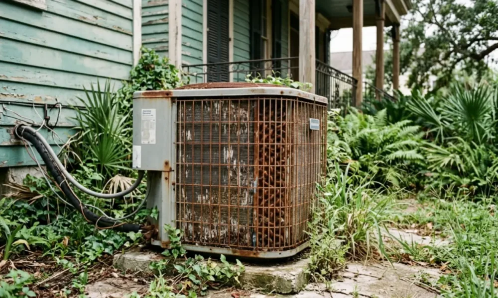 Rusted, overgrown central AC condenser unit beside a weathered New Orleans home showing signs of age and neglect