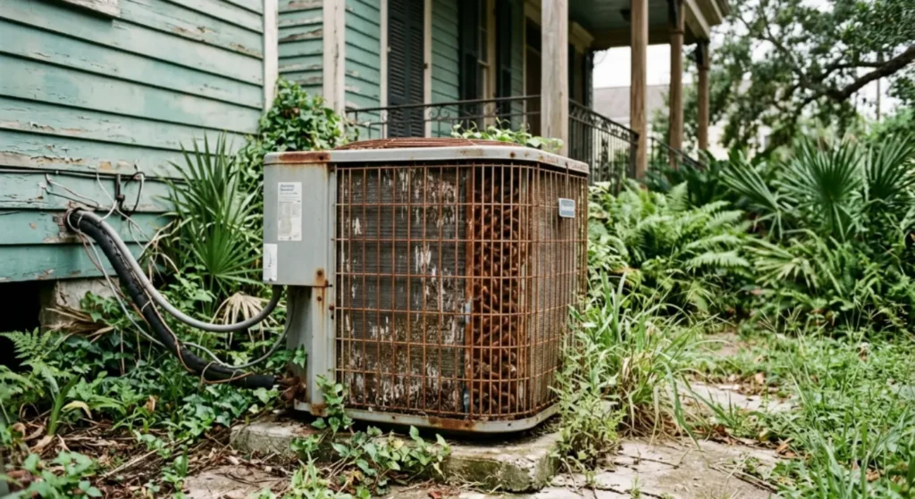 Rusted, overgrown central AC condenser unit beside a weathered New Orleans home showing signs of age and neglect